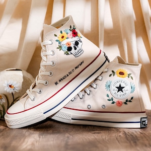 Custom Embroidered Converse High Tops, Custom Shoes Taylor 1970s Flower, Skull Embroidered, Skull Embroidery Converse, Unique Gifts For Her