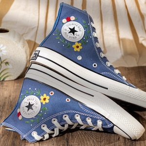 Mushroom Embroidered Converse High Top, Denim Canvas Shoes Embroidery Floral, Custom Sneakers Embroidered, Unique Women Shoes, Birthday Gift