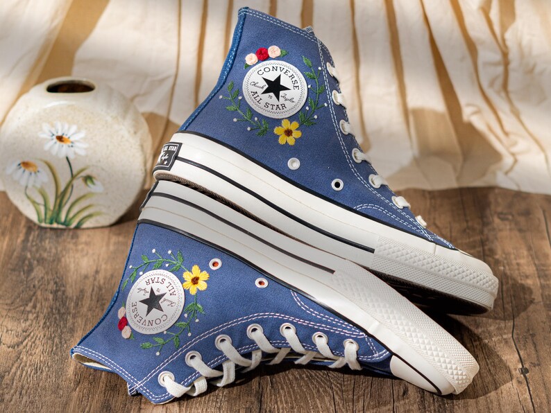 Mushroom Embroidered Converse High Top, Denim Canvas Shoes Embroidery Floral, Custom Sneakers Embroidered, Unique Women Shoes, Birthday Gift