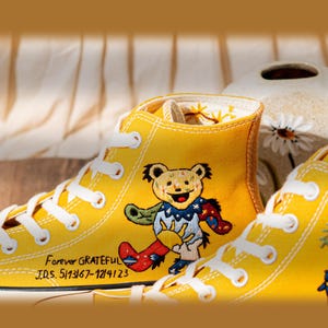Custom Character Embroidered Converse High Tops, Funny Teddy Bear Embroidery Shoes Yellow, Personalized Embroidered Sneaker, Cute Gift Idea