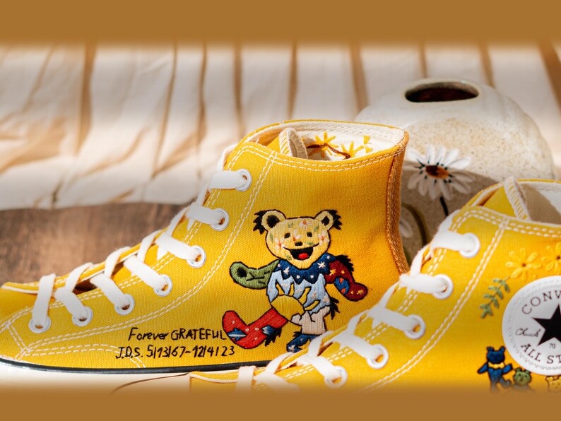 Custom Character Embroidered Converse High Tops, Funny Teddy Bear Embroidery Shoes Yellow, Personalized Embroidered Sneaker, Cute Gift Idea
