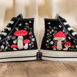 Embroidered Mushroom Converse High Tops 1970s, Mushroom Embroidered Shoes for Women, Garden Mushrooms, Strawberry, Bees Embroidered Sneakers