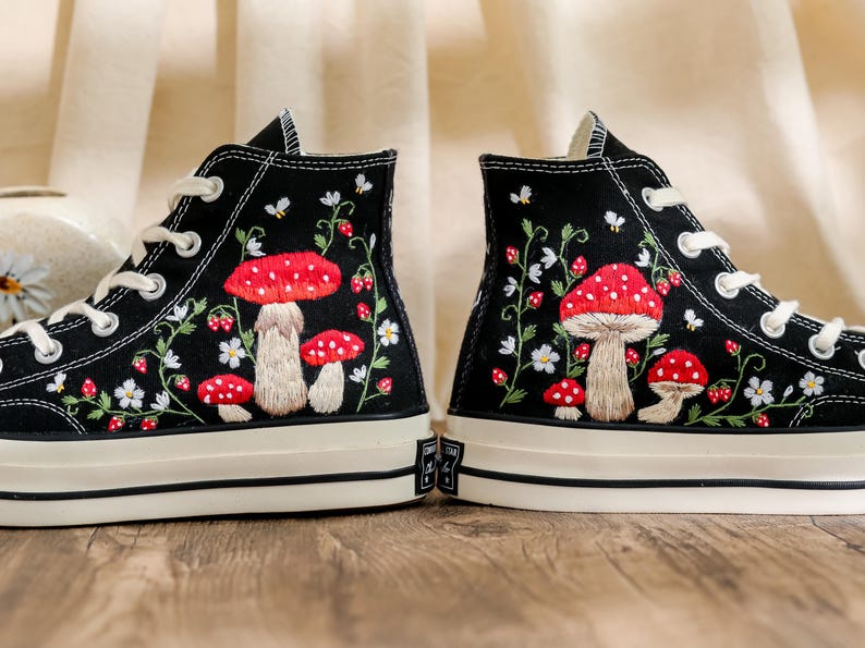Embroidered Mushroom Converse High Tops 1970s, Mushroom Embroidered Shoes for Women, Garden Mushrooms, Strawberry, Bees Embroidered Sneakers