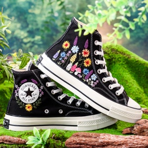 Custom Sunflower Embroidered Converse High Tops, Sunflower and Lavender, Mushroom Embroidered Shoes, Wildflower Embroidered Sneaker Custom