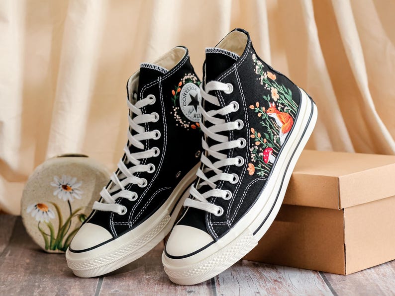 Custom Embroidered Converse High Tops 1970s, Fox Embroidered Converse Shoes, Fox and Flowers Embroidered Sneakers, Funny Halloween Gifts