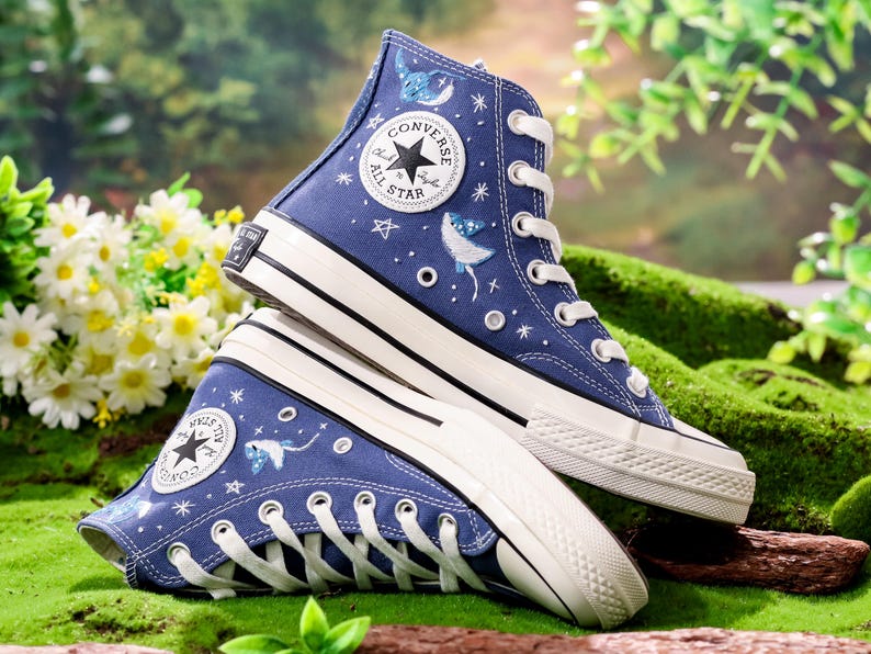 Custom Embroidered Converse, Hammerhead Sharks and Manta Ray Embroidered Shoes, Ocean Vibes Embroidered Sneakers Custom, Gifts for Divers