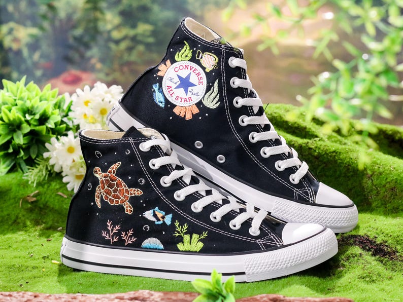 Custom Embroidered Converse, Octopus and Sea Turtle Embroidered Shoes Custom, Ocean and Coral, Fish Embroidered Sneakers Custom, Diver Gifts
