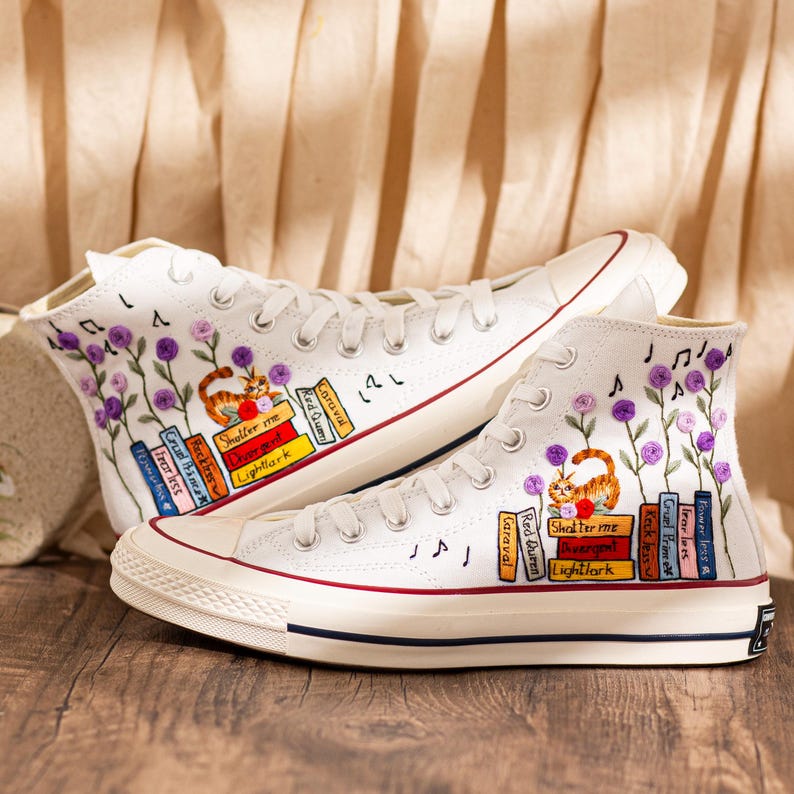 Embroidered Converse Book Lover, Flower & 1989 Embroidered Sneaker, Cat Embroidery Shoes, Handmade Gifts