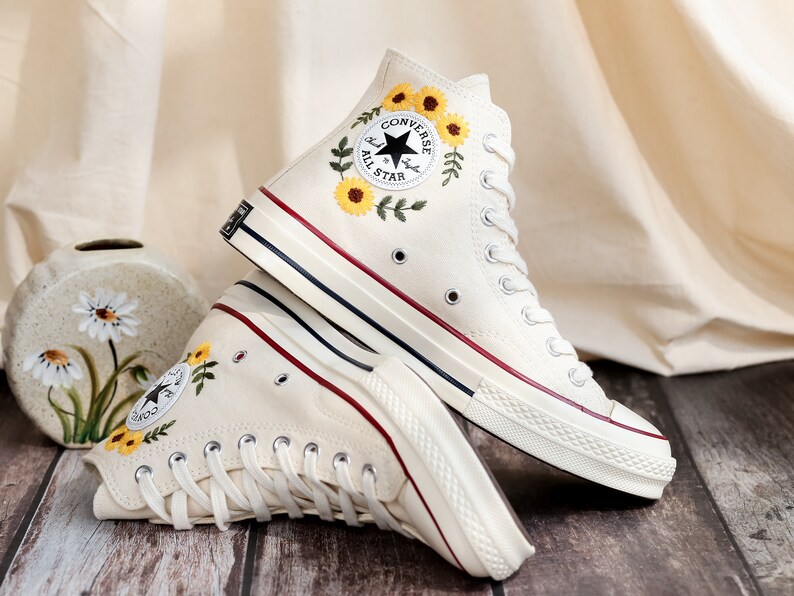 Custom Embroidered Converse High Tops 1970s, Sunflower Embroidered Shoes, Cat and Gardens Sunflower Embroidered Sneakers, Gift for Women