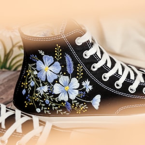 Custom Converse Embroidered, Flowers Embroidered Converse Women, Blue Flax and Flowers Embroidered Sneakers, Lavender Embroidered Sneakers
