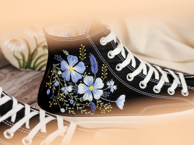 Custom Converse Embroidered, Flowers Embroidered Converse Women, Blue Flax and Flowers Embroidered Sneakers, Lavender Embroidered Sneakers