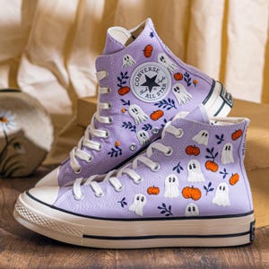 Custom Halloween Embroidered Converse High Top, Purple Converse Embroidery With Ghost & Pumpkin, Unique Embroidered Sneakers, Halloween Gift