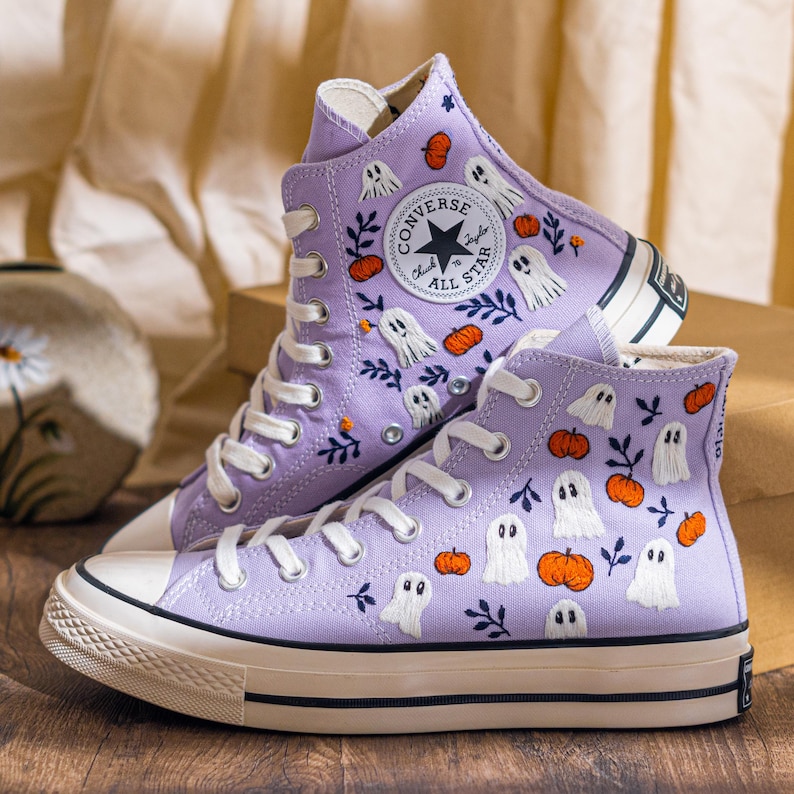 Custom Halloween Embroidered Converse High Top, Purple Converse Embroidery With Ghost & Pumpkin, Unique Embroidered Sneakers, Halloween Gift
