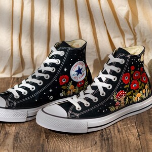 Unique Embroidered Converse High Tops, Mushroom Embroidery Converse, Red Floral Embroidered Sneakers With Eyes, Custom Shoes, Halloween Gift