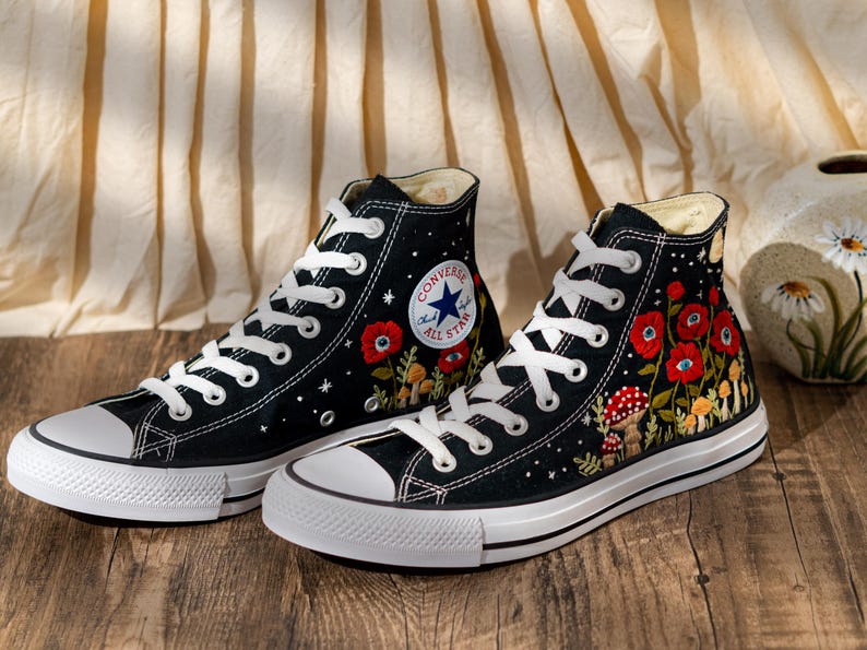 Unique Embroidered Converse High Tops, Mushroom Embroidery Converse, Red Floral Embroidered Sneakers With Eyes, Custom Shoes, Halloween Gift