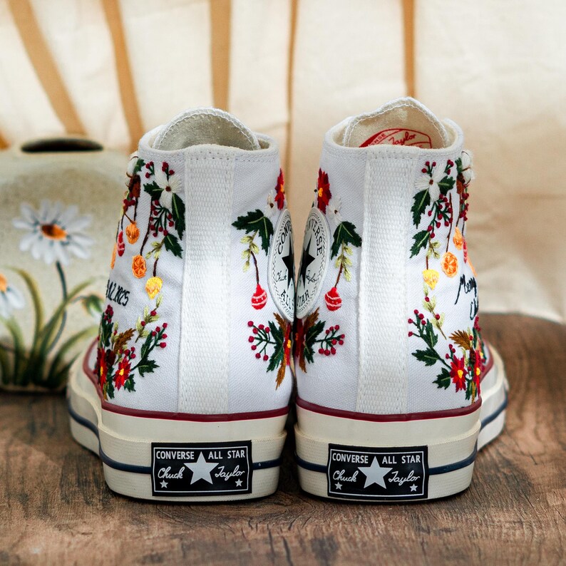 Custom Christmas Embroidered Converse Chuck Taylor High Tops, Converse Embroidery With Christmas & Floral, Personalized Shoes, Holiday Gifts