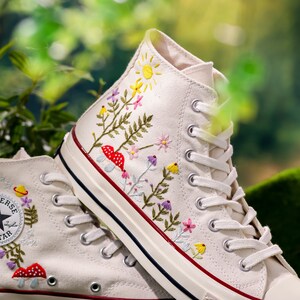 Embroidered Converse, Custom Converse Embroidered Flower and Mushroom Garden, Mushroom and Floral Embroidery Shoes for Women, Gift For Her