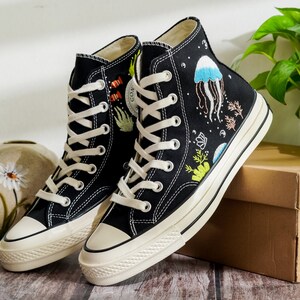 Custom Embroidered Converse High Tops, Shoes Embroidered With A Variety Of Colorful Sea Creatures, Jellyfish Embroidery, Gifts For Daughter