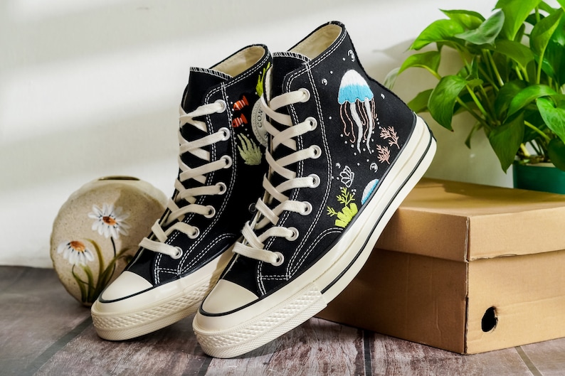 Custom Embroidered Converse High Tops, Shoes Embroidered With A Variety Of Colorful Sea Creatures, Jellyfish Embroidery, Gifts For Daughter