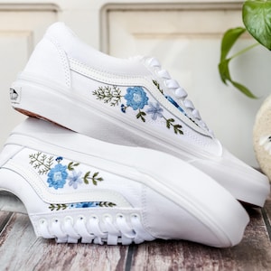 Custom Wedding Vans, Blue Flowers Embroidered Shoes for Bride, Floral Embroidered Vans, Custom Sneakers Embroidery Flowers, Wedding Gifts