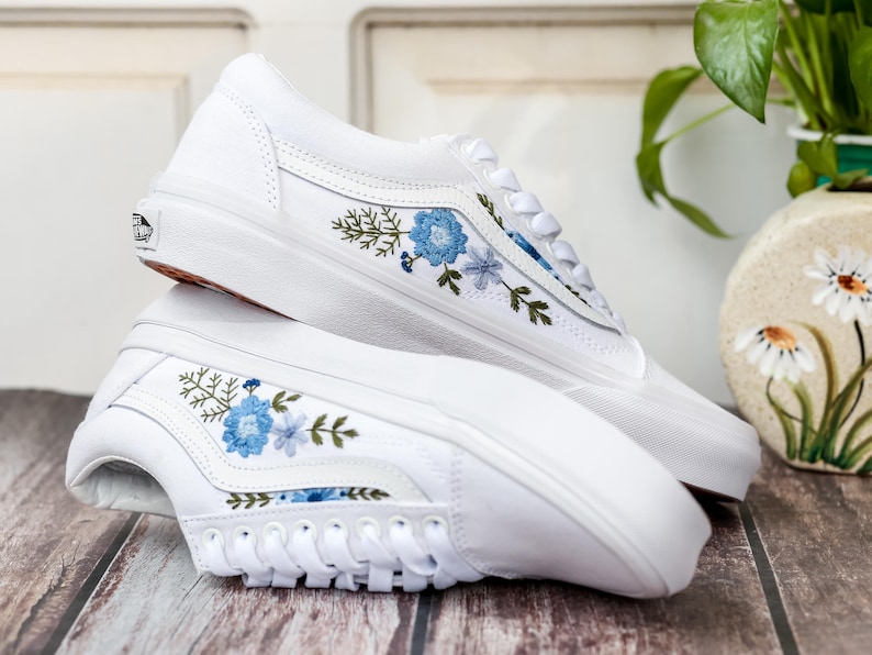 Custom Wedding Vans, Blue Flowers Embroidered Shoes for Bride, Floral Embroidered Vans, Custom Sneakers Embroidery Flowers, Wedding Gifts