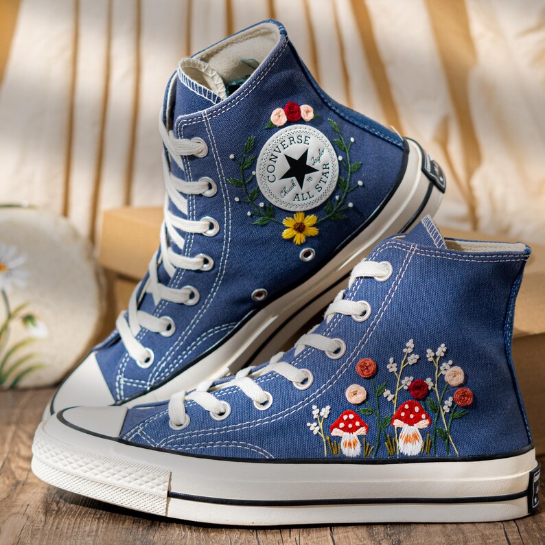 Mushroom Embroidered Converse High Top, Denim Canvas Shoes Embroidery Floral, Custom Sneakers Embroidered, Unique Women Shoes, Birthday Gift