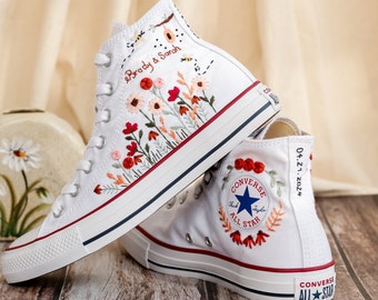 Converse nupcial para boda, zapatos bordados de setas y flores, diseño de bordado de zapatillas de boda, flor pequeña personalizada Converse