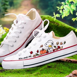 Handpainted Embroidered Converse Low Top, Converse Embroidery Cute Beagle Dog & Little Yellow Bird, Custom Animal Lovers’ Sneakers