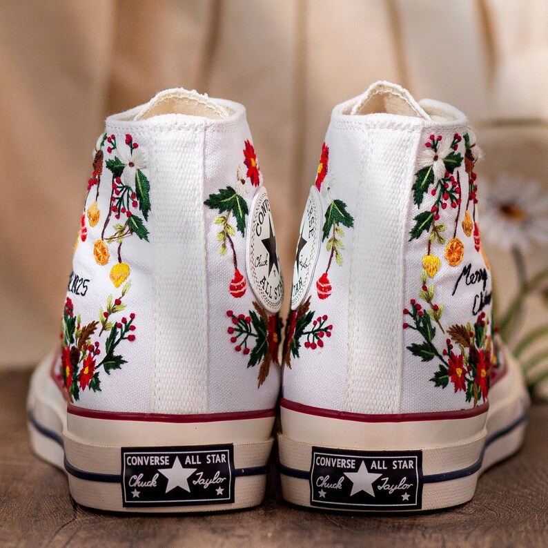 Christmas Embroidered Converse Shoes, Poinsettia Floral Design & Merry Christmas Embroidery Sneakers, Unique Holiday Gift Idea