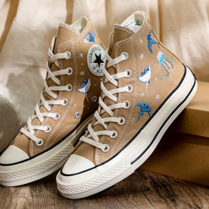 Custom Ray Embroidered Converse Shoes, Ray and Jellyfish Embroidered Sneaker, Respect The Locals Converse Surfing Shoes, Gift for Sea Lover