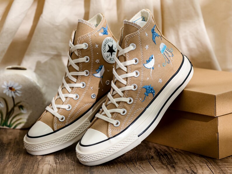 Custom Ray Embroidered Converse Shoes, Ray and Jellyfish Embroidered Sneaker, Respect The Locals Converse Surfing Shoes, Gift for Sea Lover