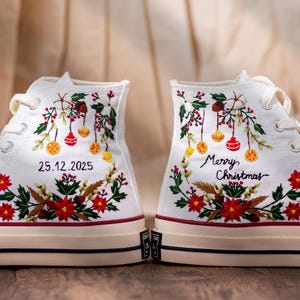 Christmas Embroidered Converse Shoes, Poinsettia Floral Design & Merry Christmas Embroidery Sneakers, Unique Holiday Gift Idea