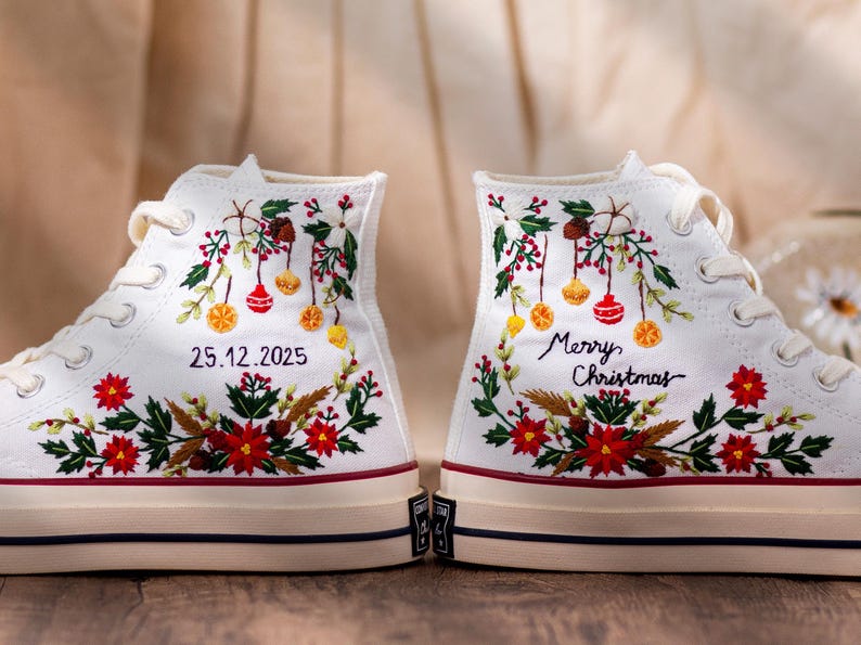 Christmas Embroidered Converse Shoes, Poinsettia Floral Design & Merry Christmas Embroidery Sneakers, Unique Holiday Gift Idea