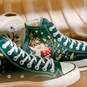 Mushrooms Converse, Fog and Mushrooms Embroidered Converse High Tops Custom, Mushroom Embroidered Sneakers, Flowers Embroidery Shoes Custom