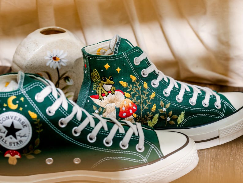 Mushrooms Converse, Fog and Mushrooms Embroidered Converse High Tops Custom, Mushroom Embroidered Sneakers, Flowers Embroidery Shoes Custom
