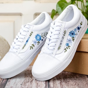 Custom Wedding Vans, Blue Flowers Embroidered Shoes for Bride, Floral Embroidered Vans, Custom Sneakers Embroidery Flowers, Wedding Gifts