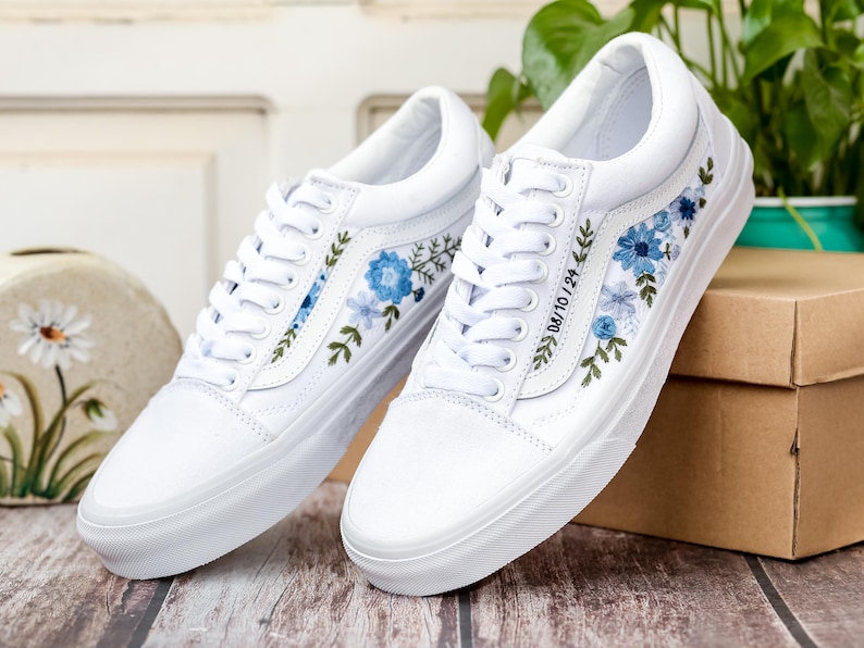 Custom Wedding Vans, Blue Flowers Embroidered Shoes for Bride, Floral Embroidered Vans, Custom Sneakers Embroidery Flowers, Wedding Gifts