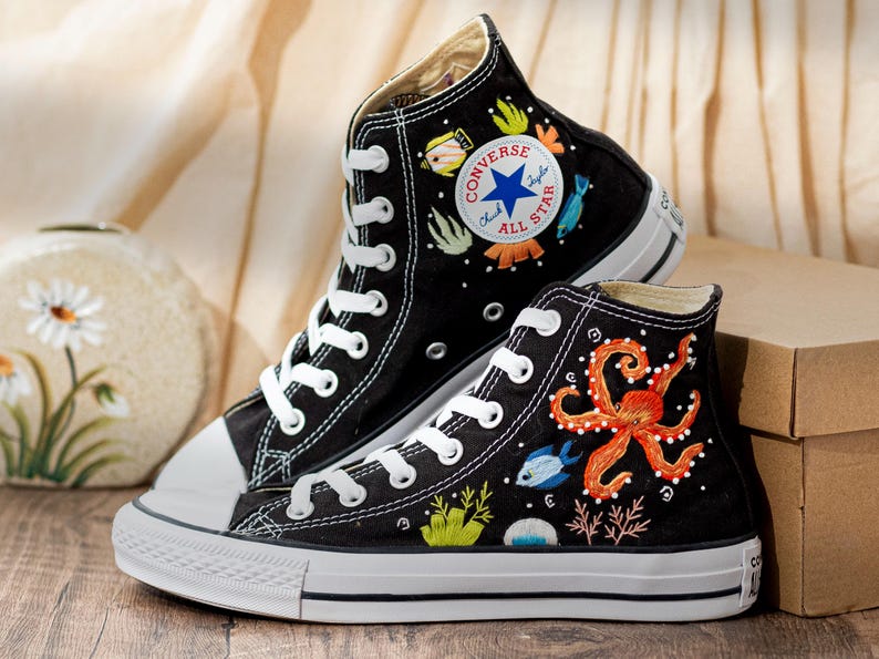 Custom Embroidered Converse Chuck Taylor Sneakers: Ocean Octopus Design