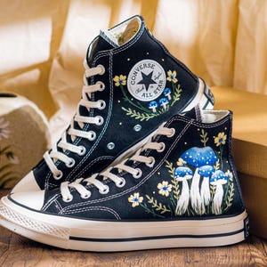 Mystical Embroidered Converse High Tops, Black Sneakers Embroidery With Blue Mushroom Embroidery & Floral, Unique Custom Shoes, Custom Gifts