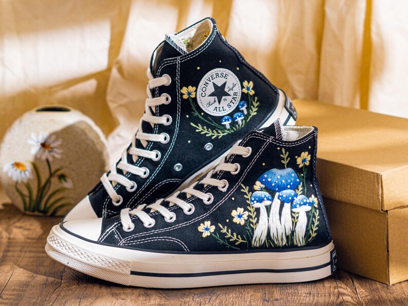 Mystical Embroidered Converse High Tops, Black Sneakers Embroidery With Blue Mushroom Embroidery & Floral, Unique Custom Shoes, Custom Gifts