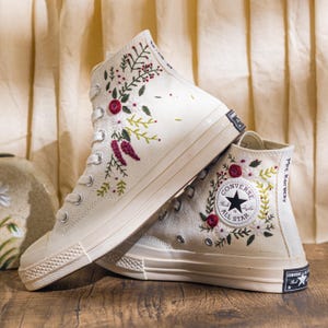 Custom Embroidered Converse Chuck Taylor High Top Womens, Converse Embroidery Floral & Leaf, Sneakers Embroidered Romantic Style, Bride Gift