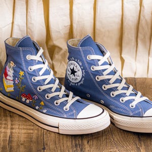 Custom Embroidered Converse Chuck 70 High Top, Denim Blue Converse Embroidery With Book And Mushroom, Hand Embroidered Sneakers, Unique Gift