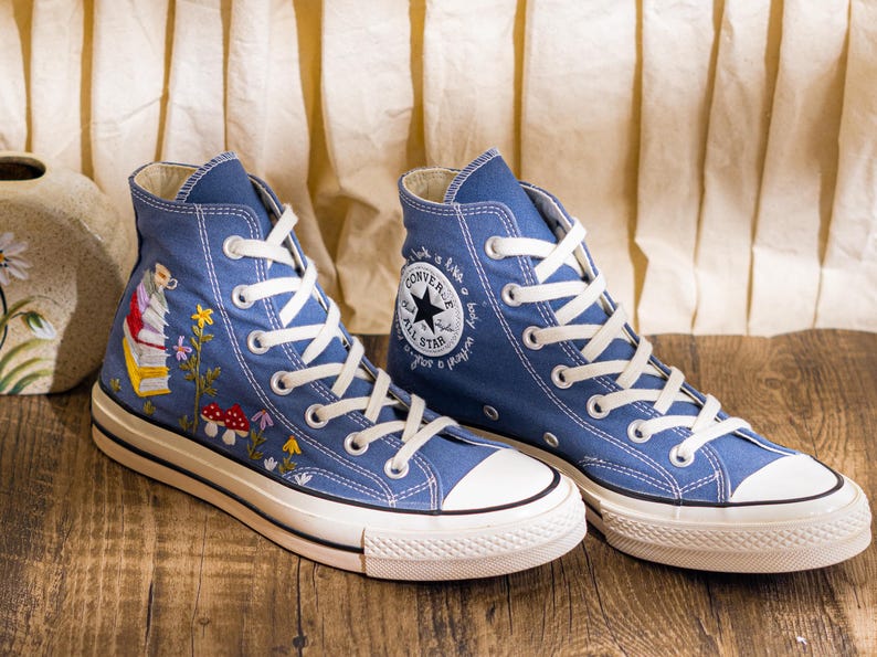 Custom Embroidered Converse Chuck 70 High Top, Denim Blue Converse Embroidery With Book And Mushroom, Hand Embroidered Sneakers, Unique Gift