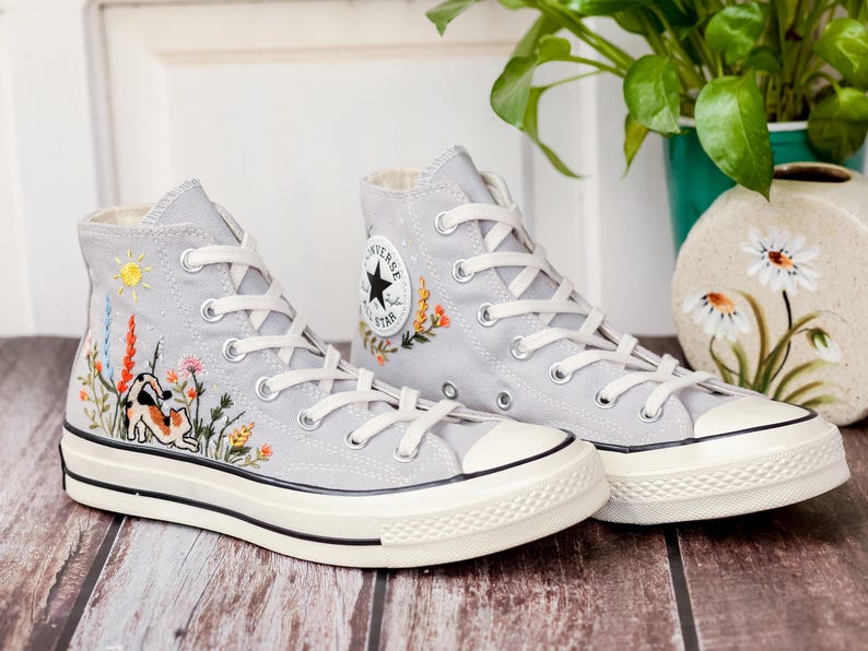 Wildflower Garden Embroidered Converse, Mushrooms, Cat Embroidered Shoes, Custom Floral Embroidery Shoes, Summer Cottagecor Embroidery Shoes