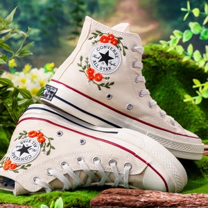Weedding Converse For Bride, Name and Anniversary Date Embroidered Shoes Custom, Bridal Flower Embroidered Sneakers, Wedding Gift
