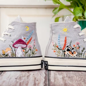 Wildflower Garden Embroidered Converse, Mushrooms, Cat Embroidered Shoes, Custom Floral Embroidery Shoes, Summer Cottagecor Embroidery Shoes