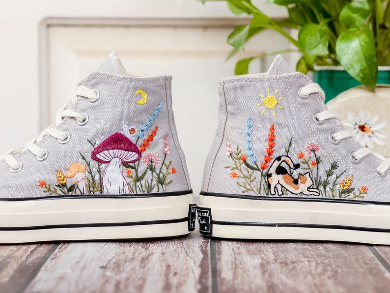 Wildflower Garden Embroidered Converse, Mushrooms, Cat Embroidered Shoes, Custom Floral Embroidery Shoes, Summer Cottagecor Embroidery Shoes