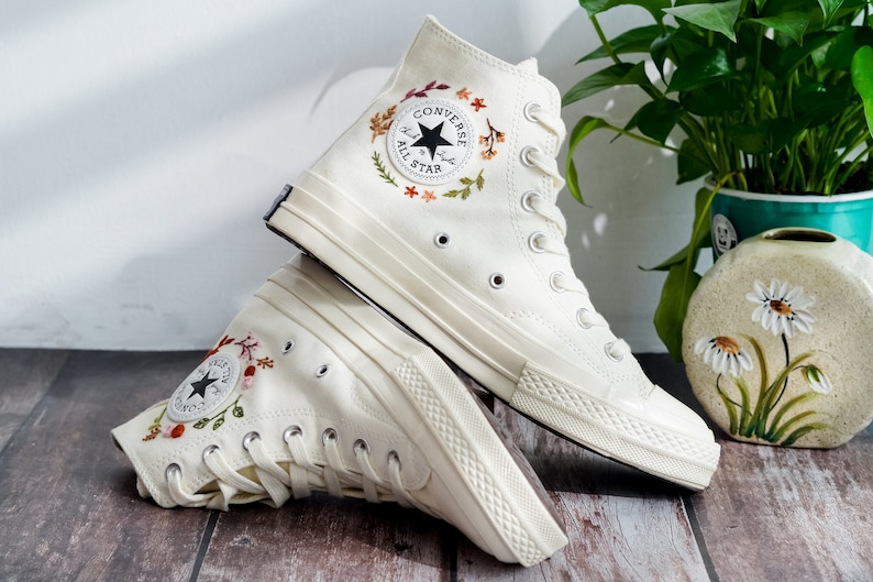Wedding Converse for Bride, Colorful Flower Garden Embroidered Shoes, Boho Wedding Flower Embroidered Sneakers, Wedding Gift