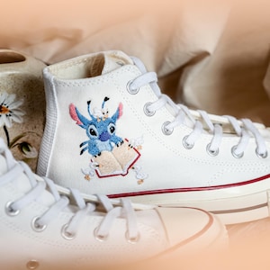 Custom Blue Alien Embroidered Converse High Tops, Converse Embroidery Book, Blue Alien Embroidered Shoes Custom,  Birthday Gifts for Her
