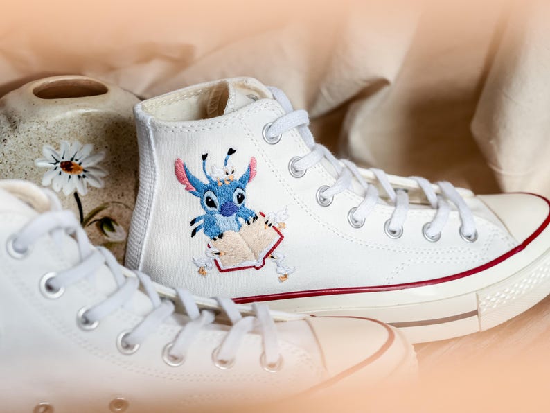Custom Blue Alien Embroidered Converse High Tops, Converse Embroidery Book, Blue Alien Embroidered Shoes Custom,  Birthday Gifts for Her